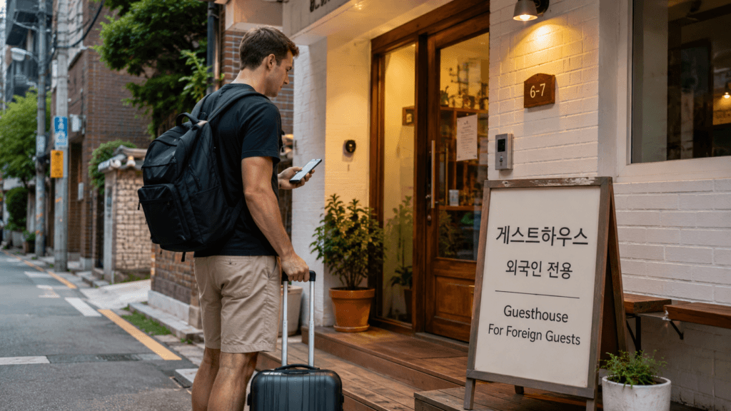 서울 외국인 전용 게스트하우스 입구에서 예약 정보를 확인하는 여행자