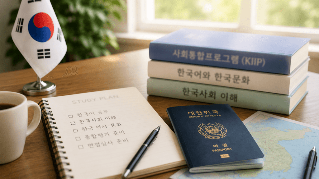 외국인이 여권과 귀화 신청 안내서를 펼쳐 놓고 한국 국적취득 조건을 확인하는 장면