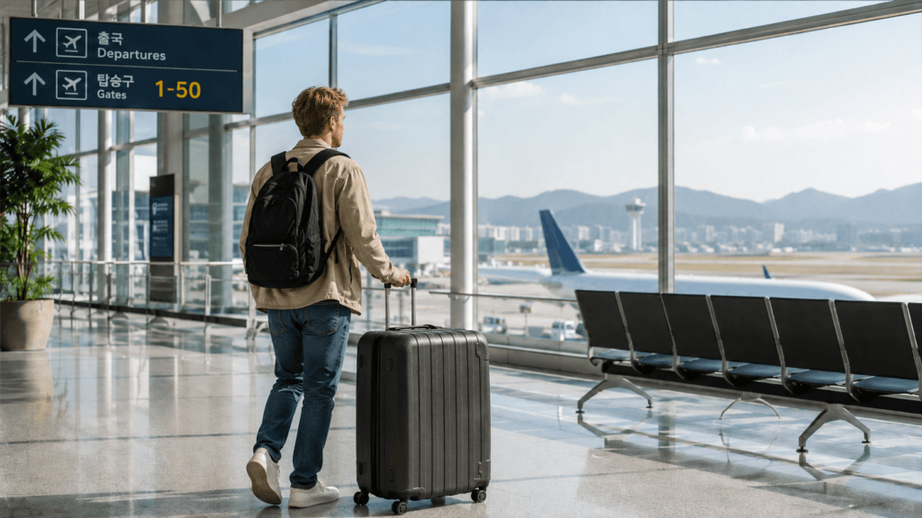 외국인 한국 출국 전 체크리스트를 확인하며 공항 출국장으로 이동하는 외국인